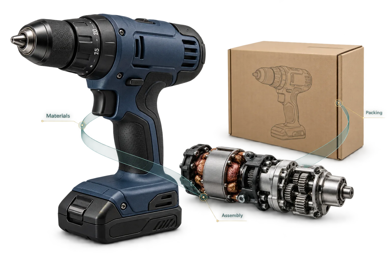 Detailed drill components, assembled product and protective packing with a fine production-stage overlay.
