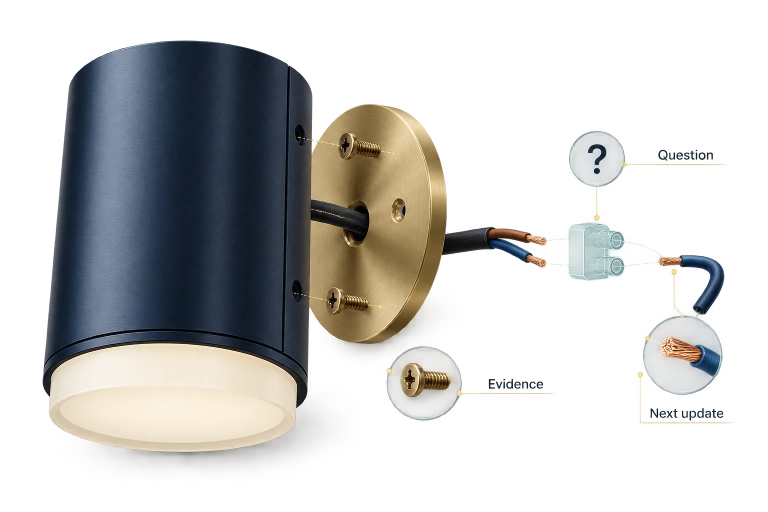Detailed wall-light parts with a precise wireframe marking the connector that needs clarification.