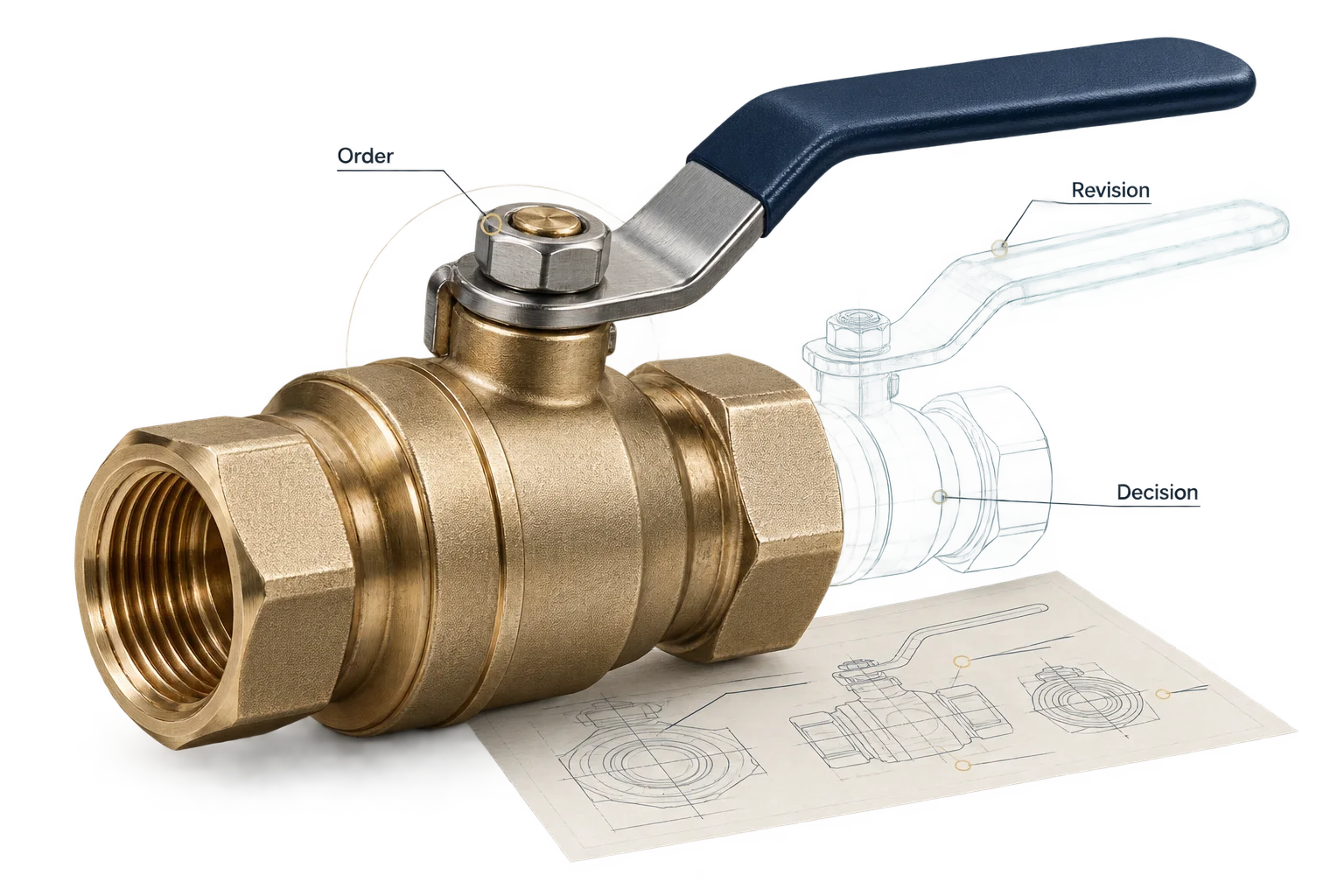 Machined valve and handle detail connected to an order drawing and revision overlay.