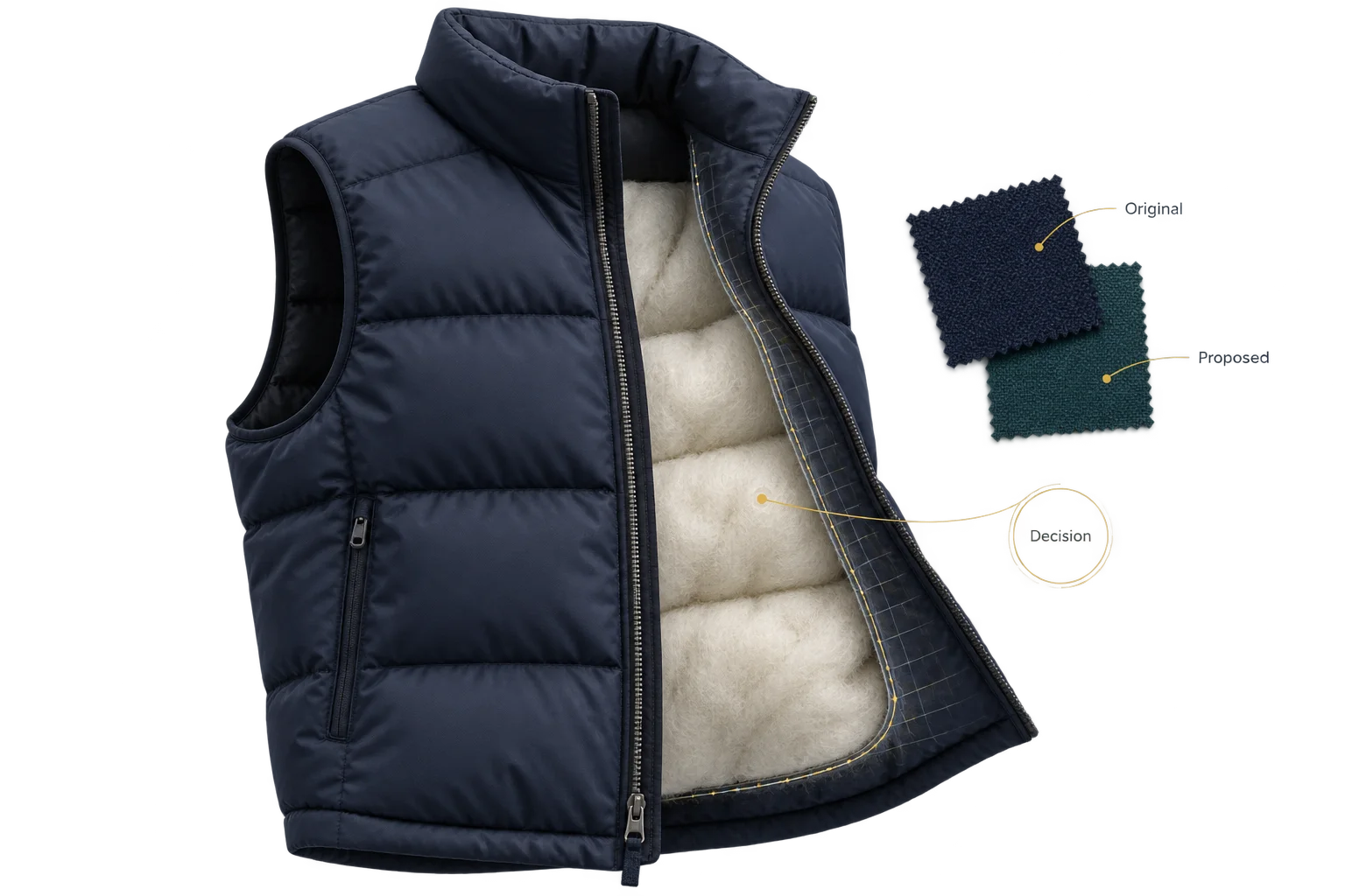 Detailed vest fabric, insulation and alternative lining swatches connected to an open material decision.