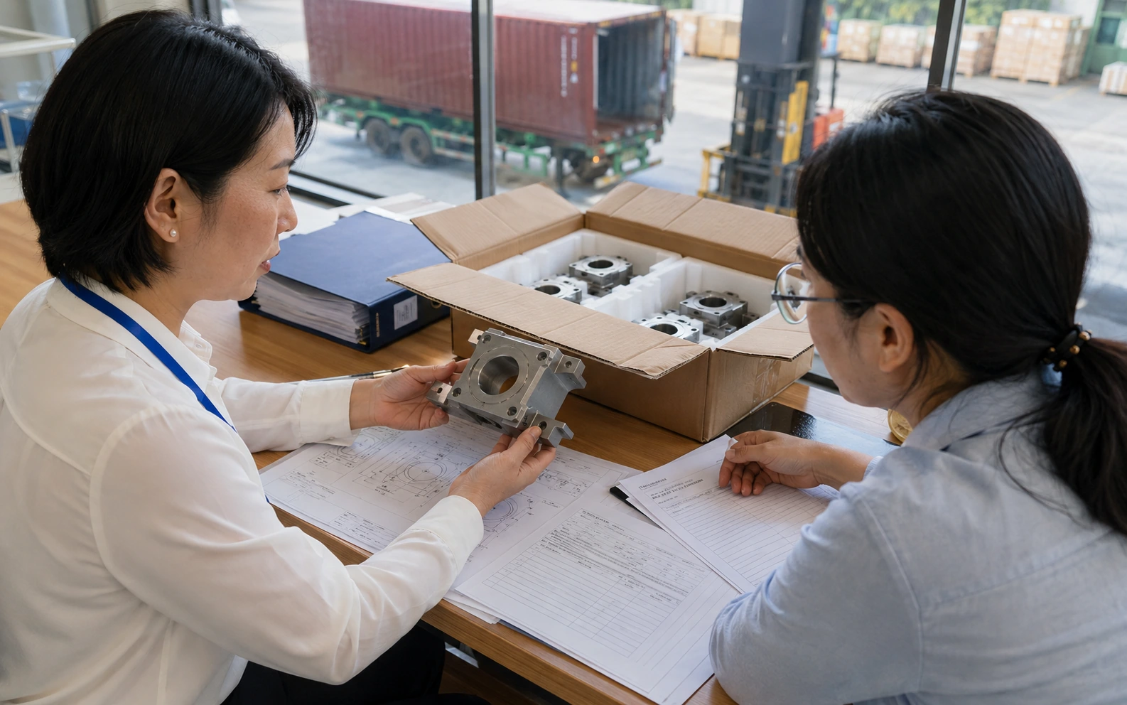 Broker comparing a metal component with the engineering drawing and shipment documents before cartons are dispatched.