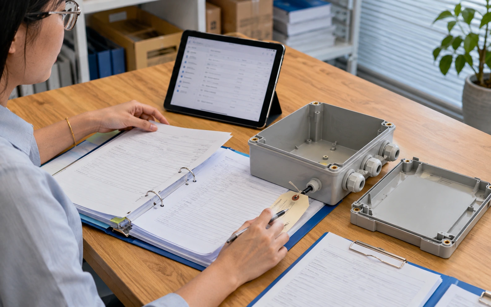 Analyst preserving a plastic housing sample, specification revision and reference notes in one traceable classification file.