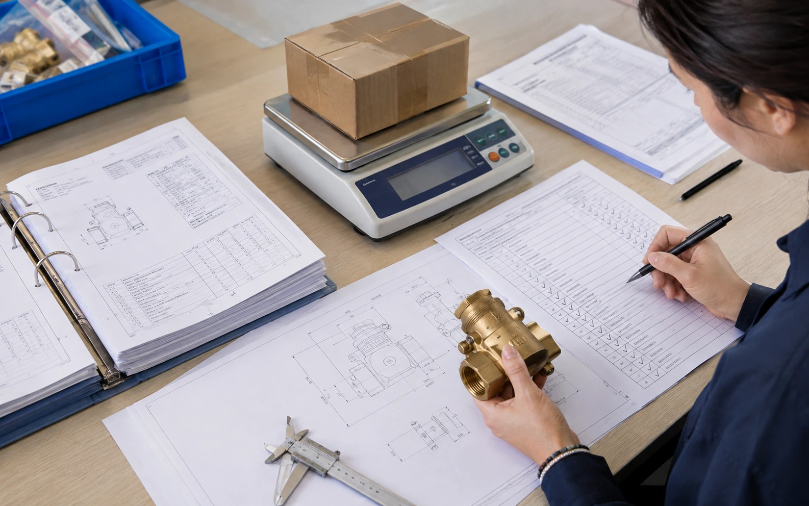 Coordinator checking a valve sample against its material, dimensions and intended-use records on a classification checklist.