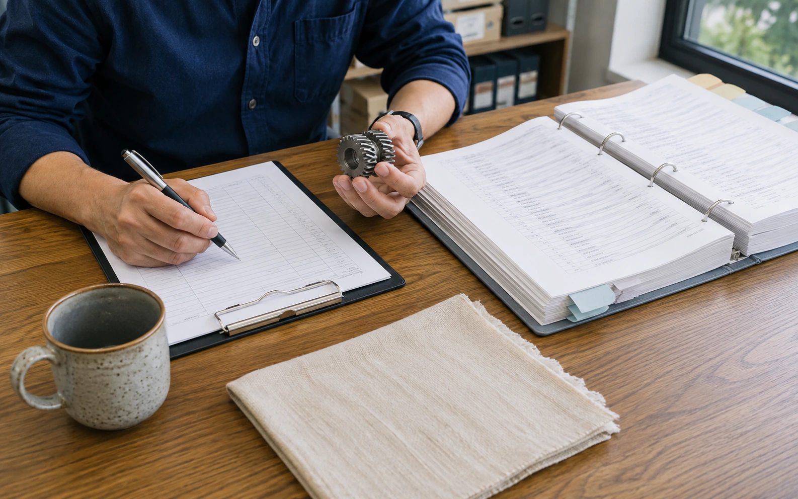 Physical product samples and an organized tariff reference binder used to identify the correct product category.