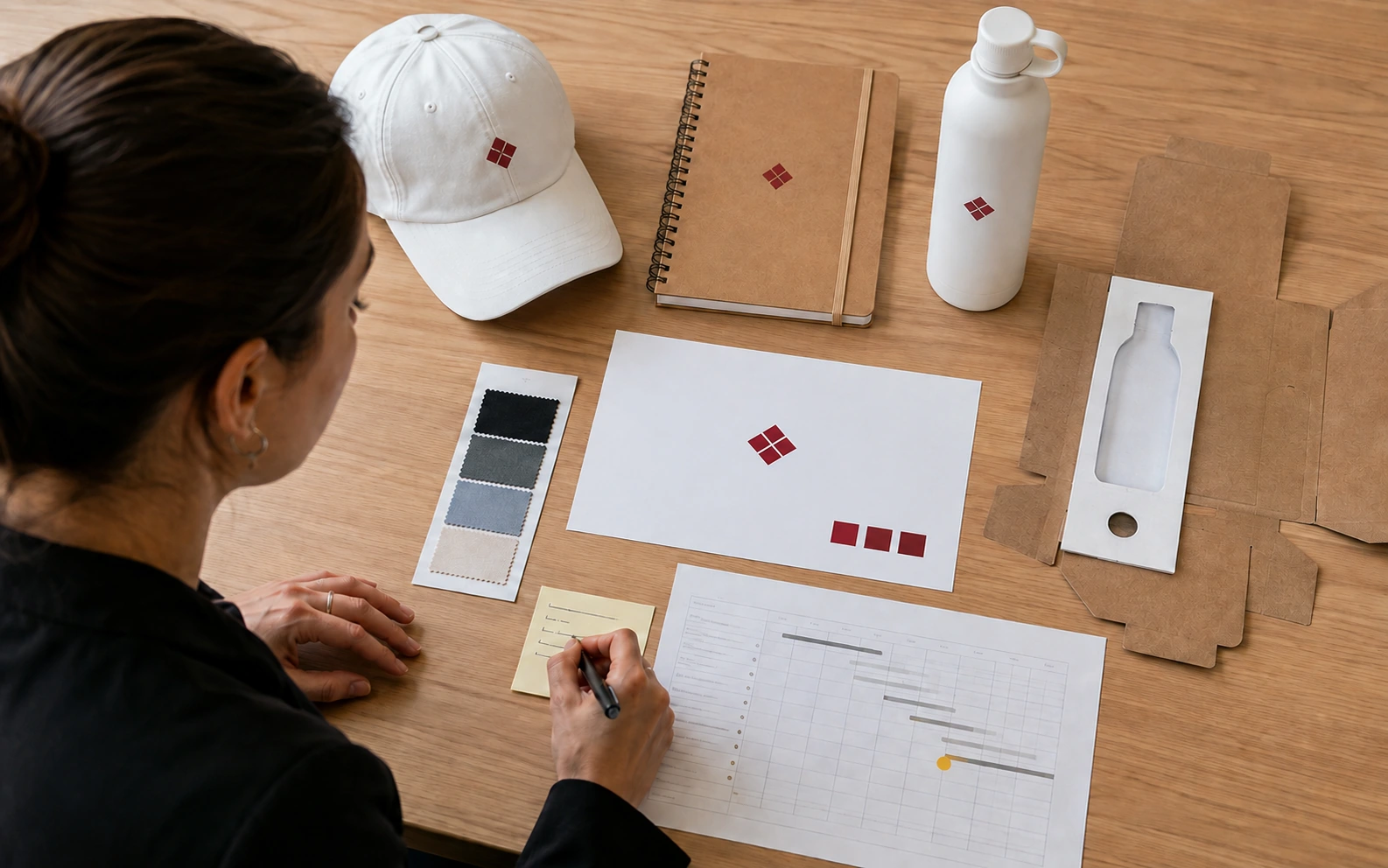 Sourcing coordinator assembling product samples, geometric artwork, packaging choices and a delivery planning sheet into one supplier brief.