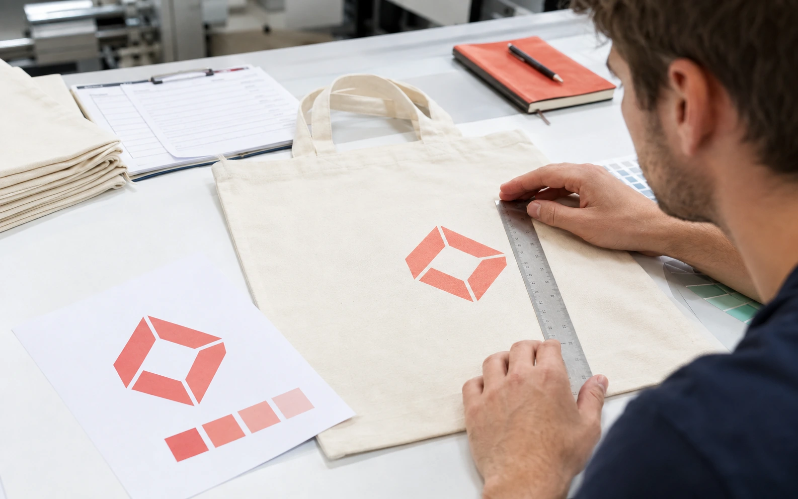 Print technician checking a geometric logo's position on a canvas tote against a physical proof and color swatches.