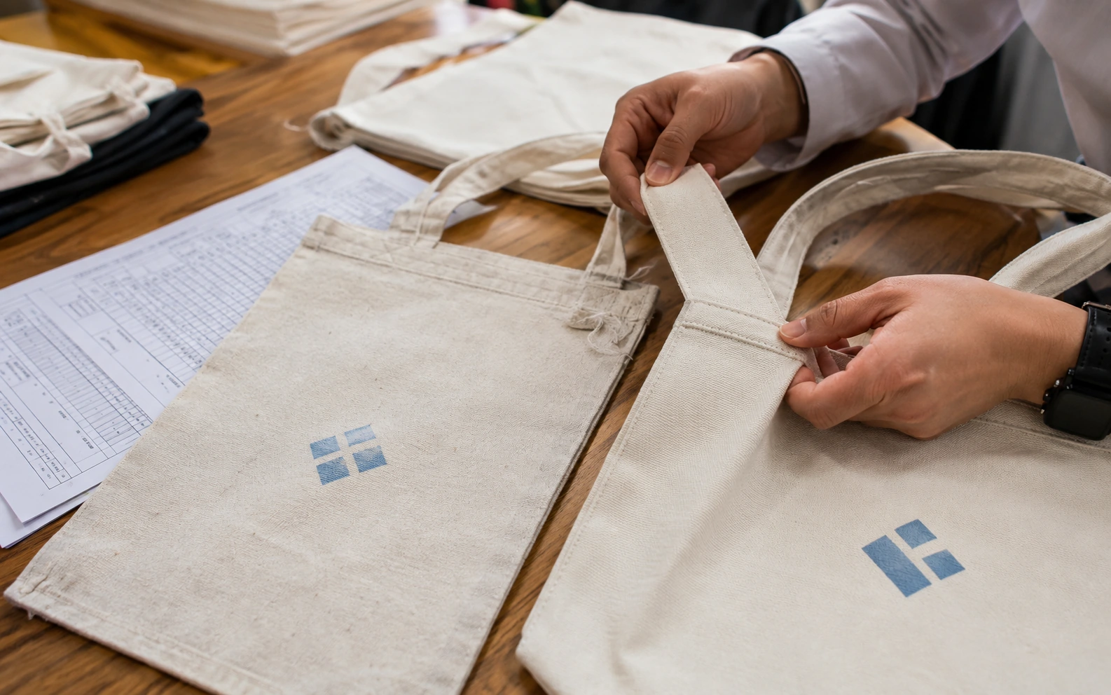 Buyer comparing a weakly stitched, faded-print tote with an approved sample while reviewing supplier quotation details.