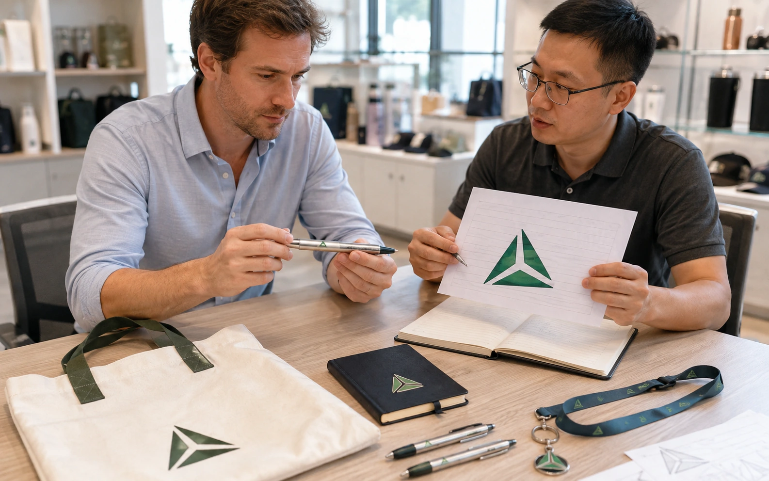 Buyer and supplier technician reviewing physical pens, lanyards, keychains and notebook samples against an artwork proof.