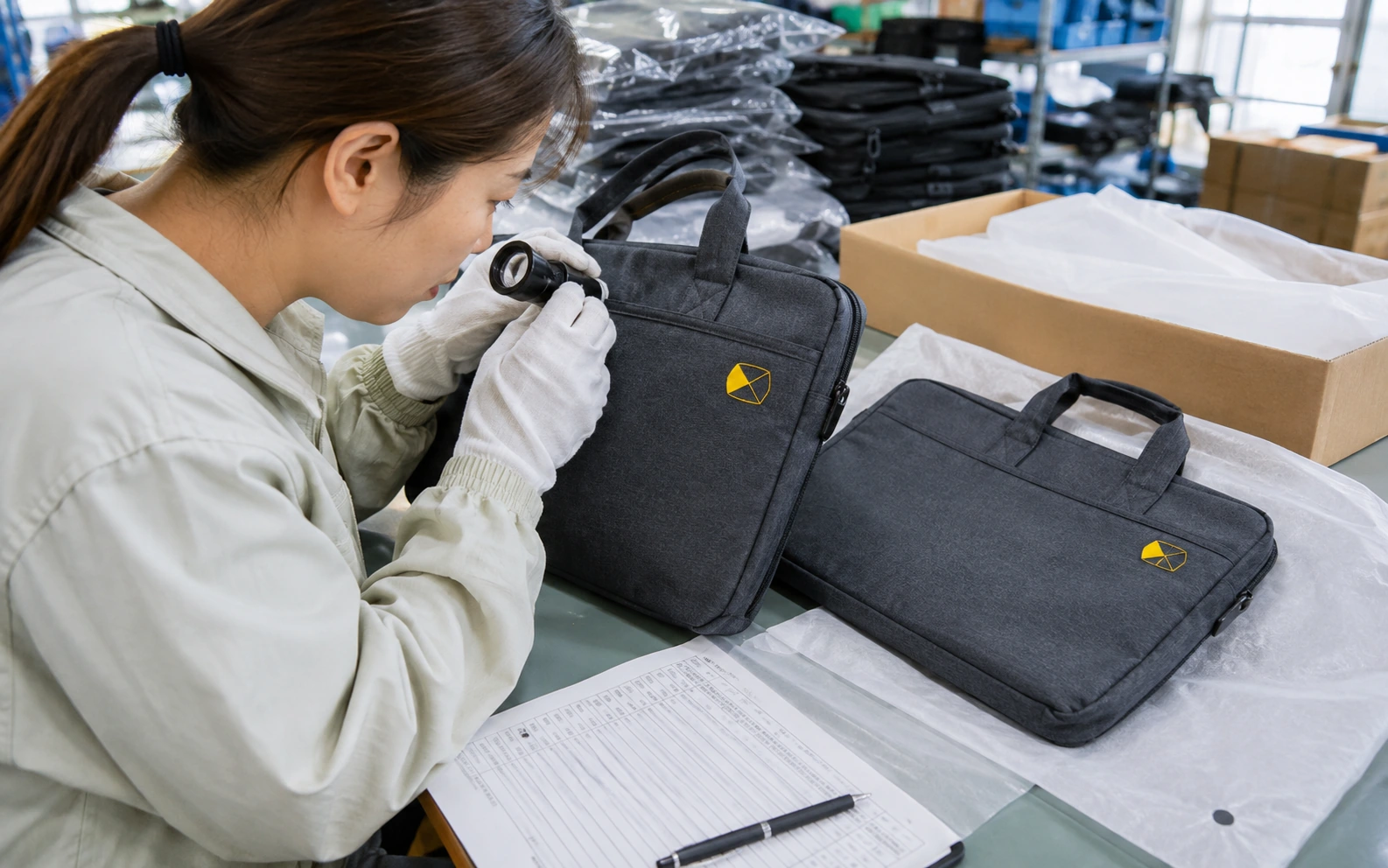 Inspector comparing a canvas laptop bag's printed emblem, stitching and protective packing with the approved sample.