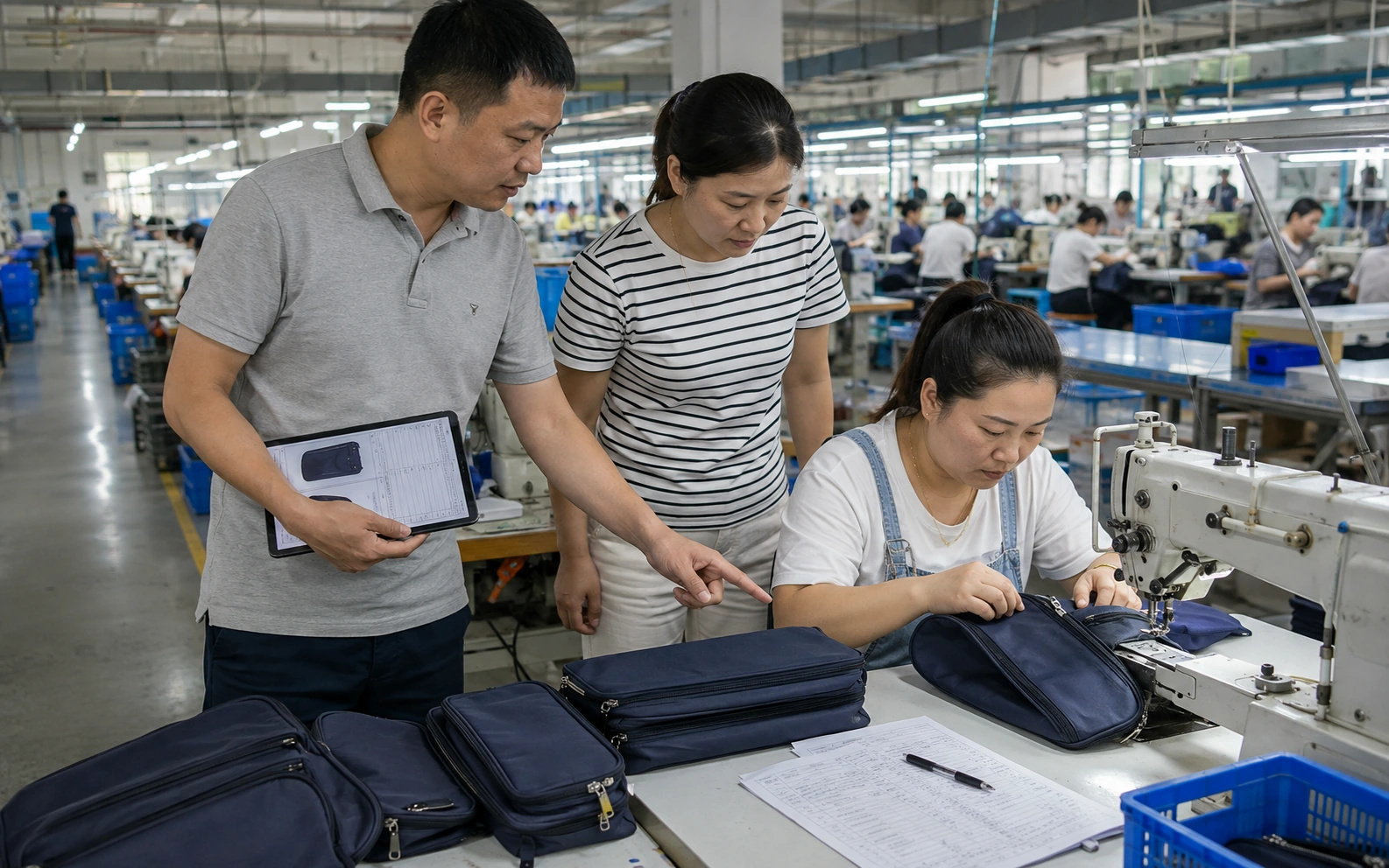 Production coordinator checking pouch materials and zipper assembly with the line supervisor during an on-site update.