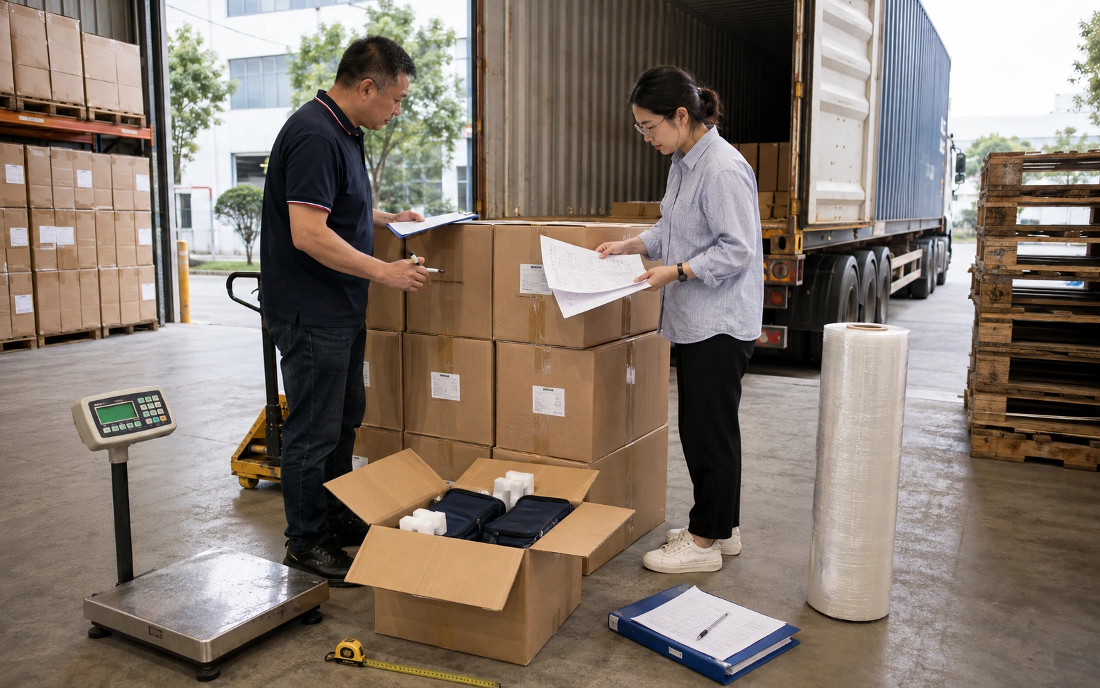 Warehouse lead and export coordinator verifying pouch cartons, measurements, weight and packing documents before collection.
