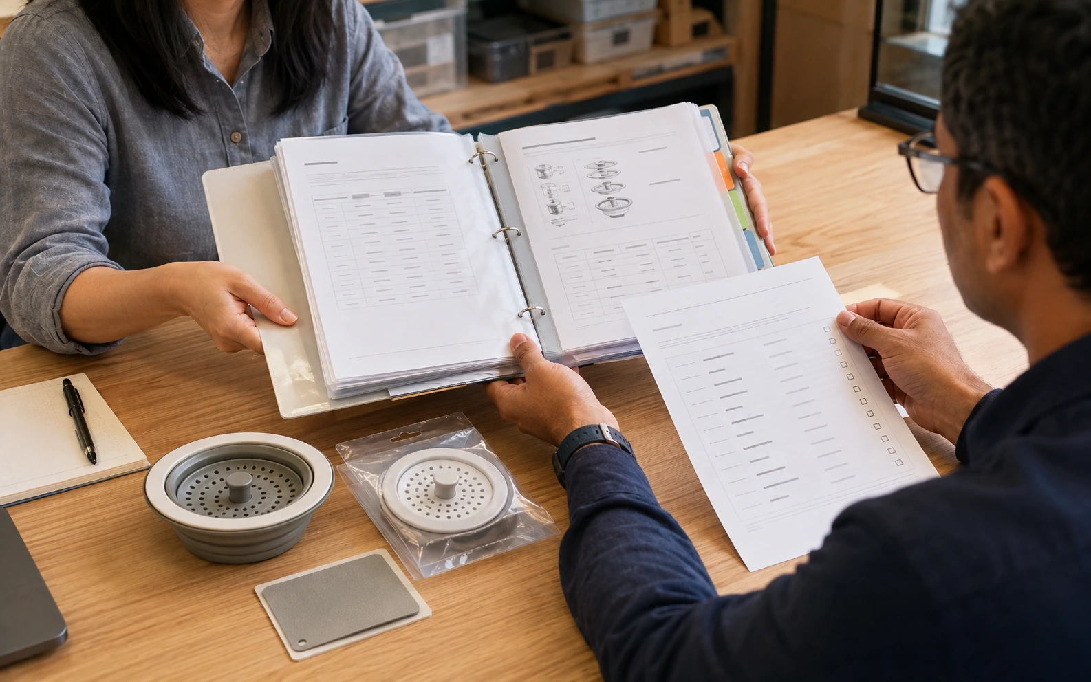 Coordinator handing the buyer a sourcing file with product requirements, supplier responses and sample records.