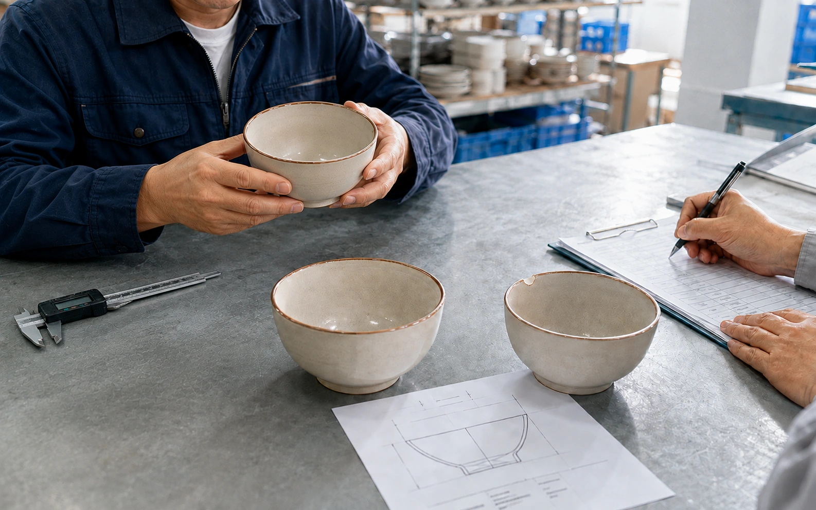 Inspector visually checks a ceramic bowl rim while a colleague records findings beside a separate chipped sample.