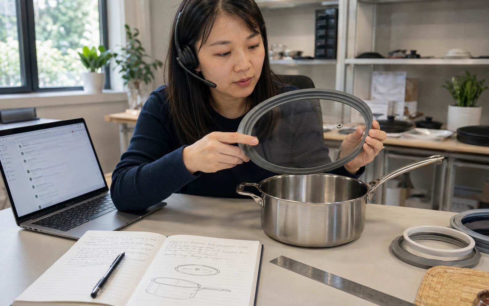 China-side coordinator discussing a cookware sample and recording a specific supplier question.
