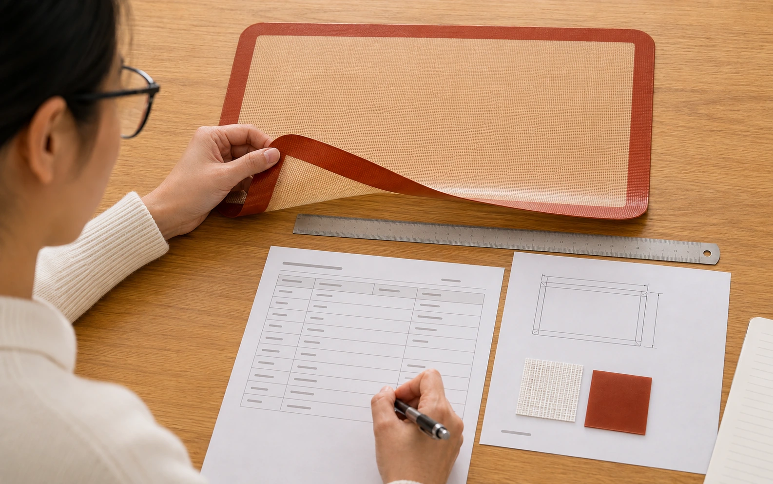 Specialist checking a silicone baking mat against size, thickness and material requirements.