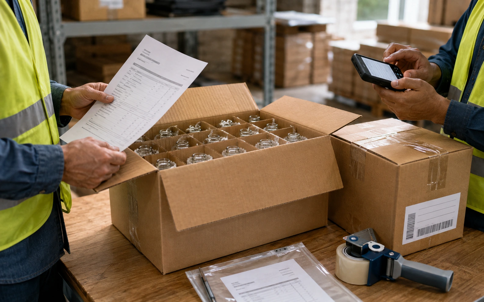 Shipping coordinator checking protected glass bottles, carton marks and packing records before handoff.