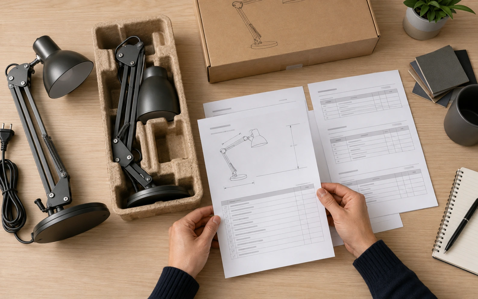 Reviewer preparing a comparable quotation brief with a desk lamp, packing insert and cost checklist.