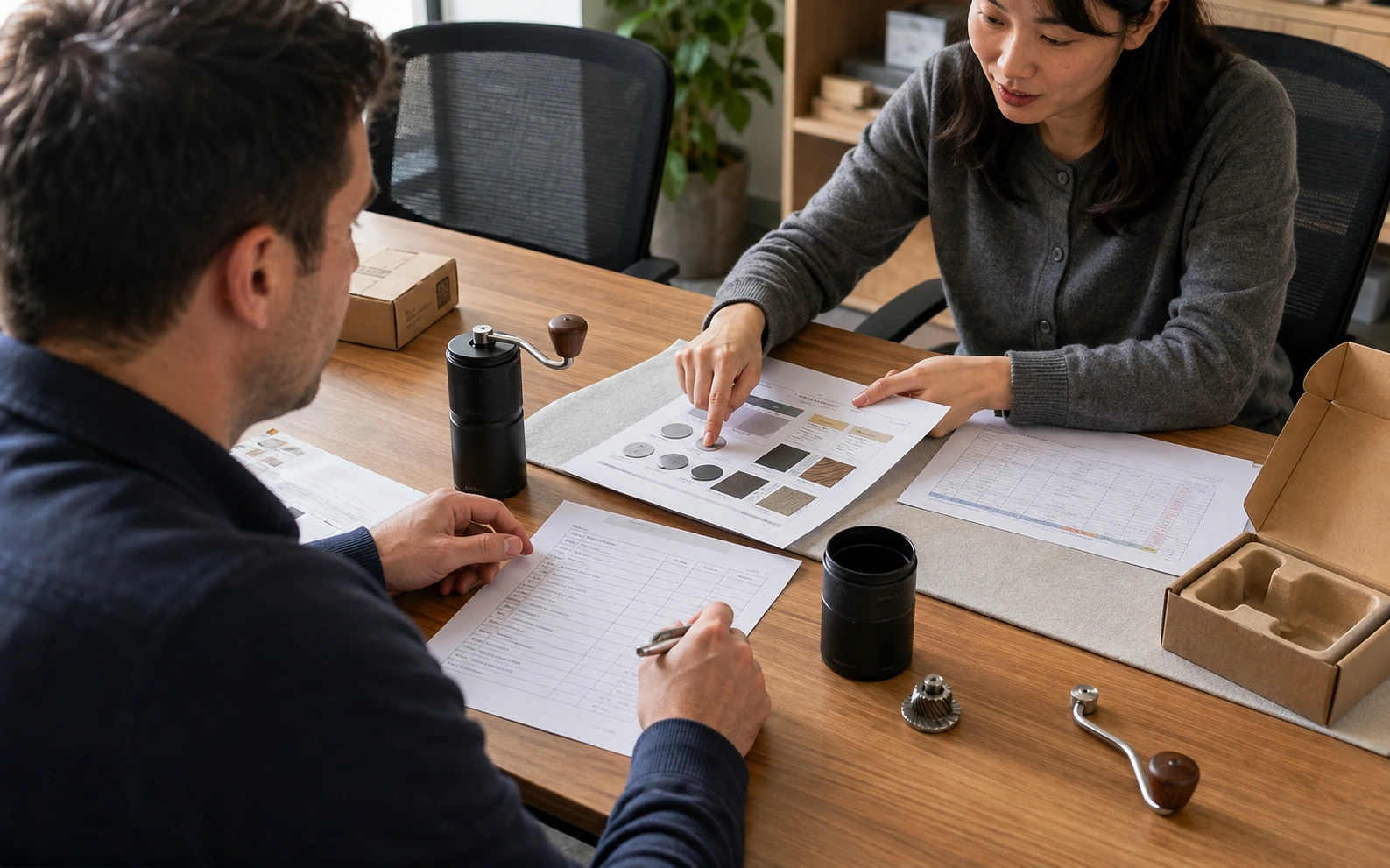 Buyer checking a product specification and quotation with a sourcing coordinator before approving a sample.