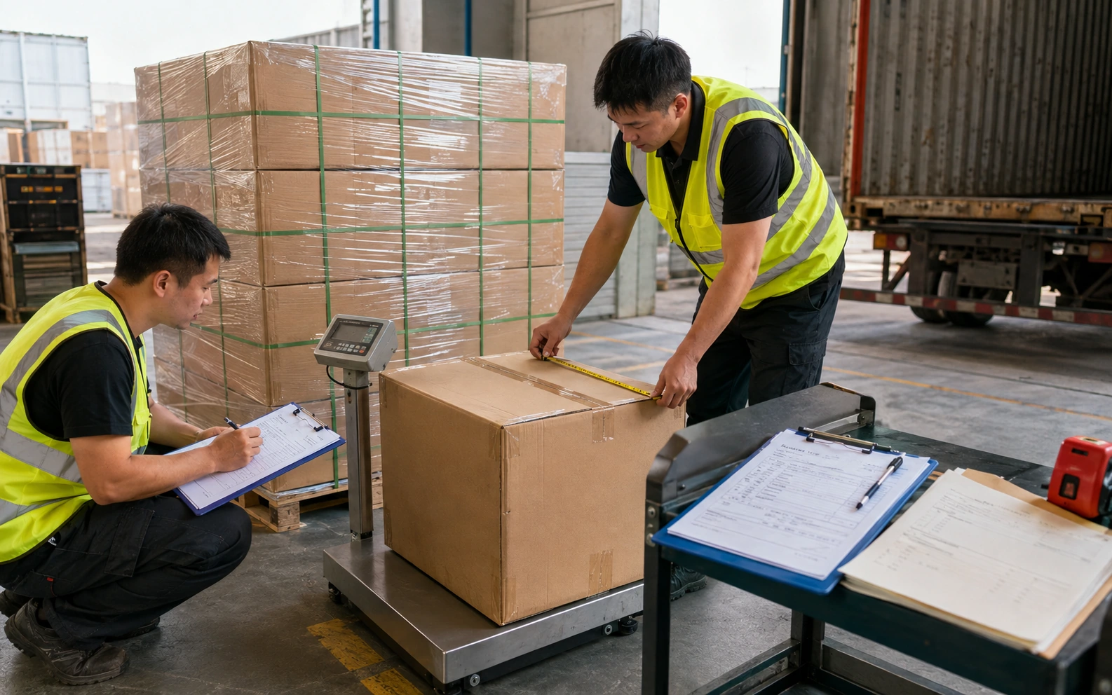 Logistics coordinator reconciling carton measurements, weight and packing records beside a dispatch pallet.