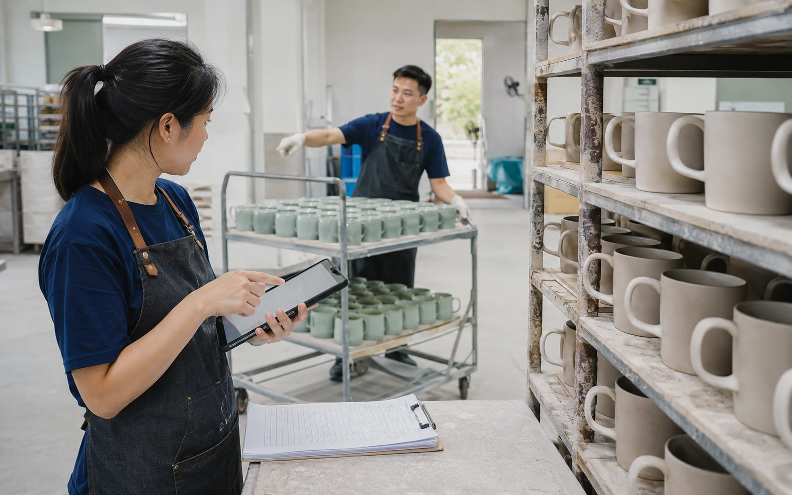 Factory coordinator checking ceramic mug production progress against a milestone record.