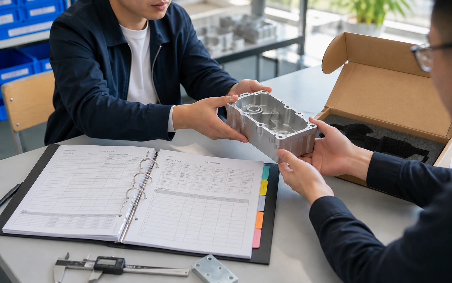 Coordinator handing a linked sample, specification and packing record to a colleague at a sourcing project desk.