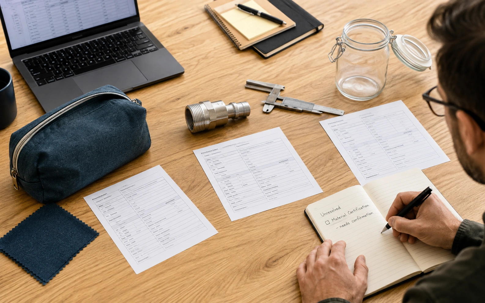Sourcing specialist reviewing separate specifications for a textile pouch, steel fitting and glass storage jar.