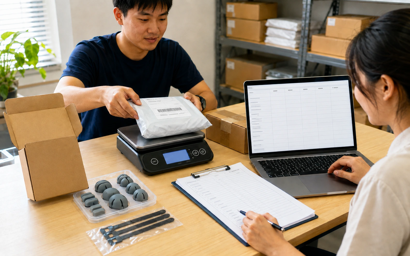 E-commerce buyer reviewing a cable-organizer kit with retail packing, shipping weight and cost records.