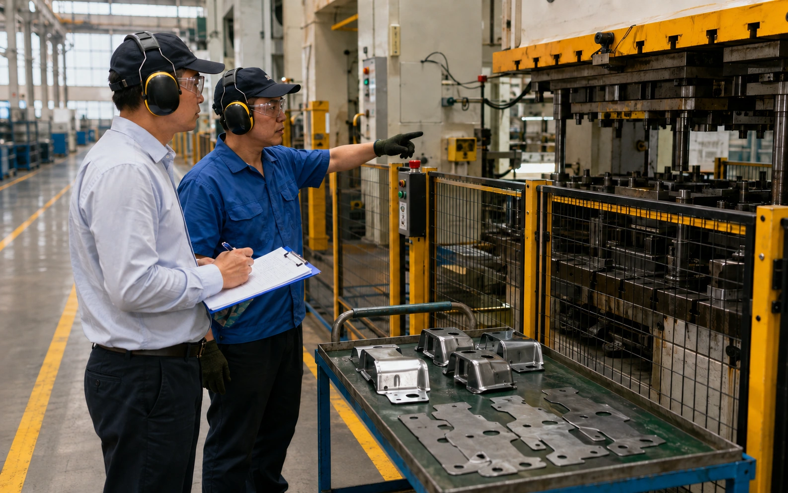 Factory representative explaining a guarded metal stamping line and sample parts to a visiting capability reviewer.