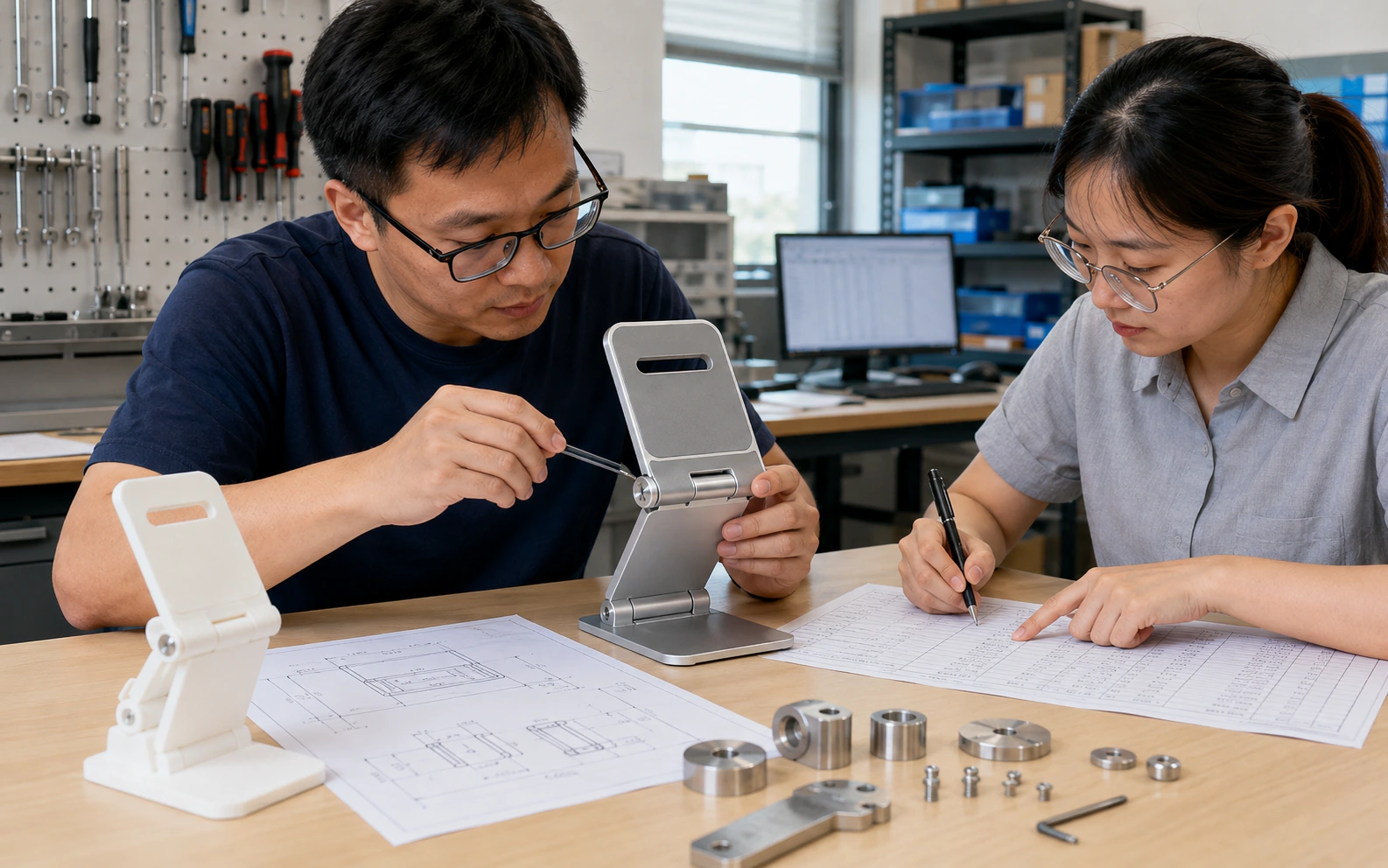 Design engineer comparing a phone-stand prototype, hinge components and a dated construction drawing.