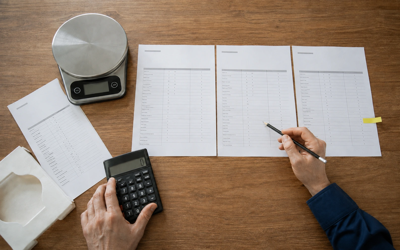 Buyer comparing three quotation sheets on the same specification and packaging basis.