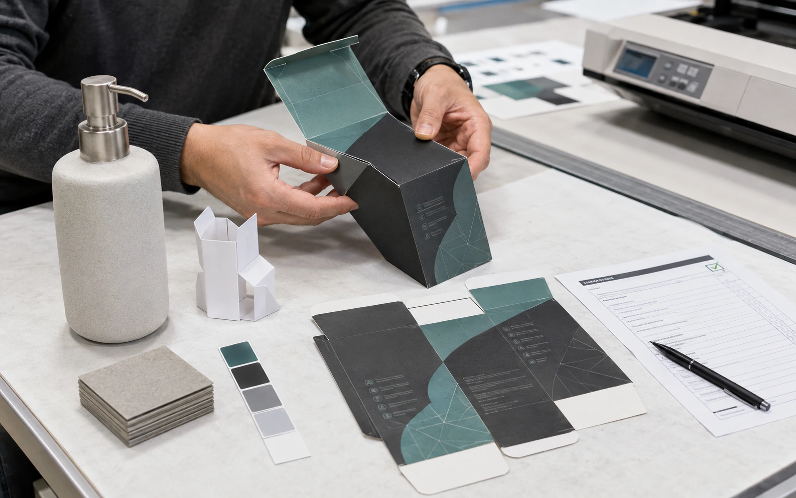 Packaging specialist comparing a folding carton proof with its dieline and material samples.