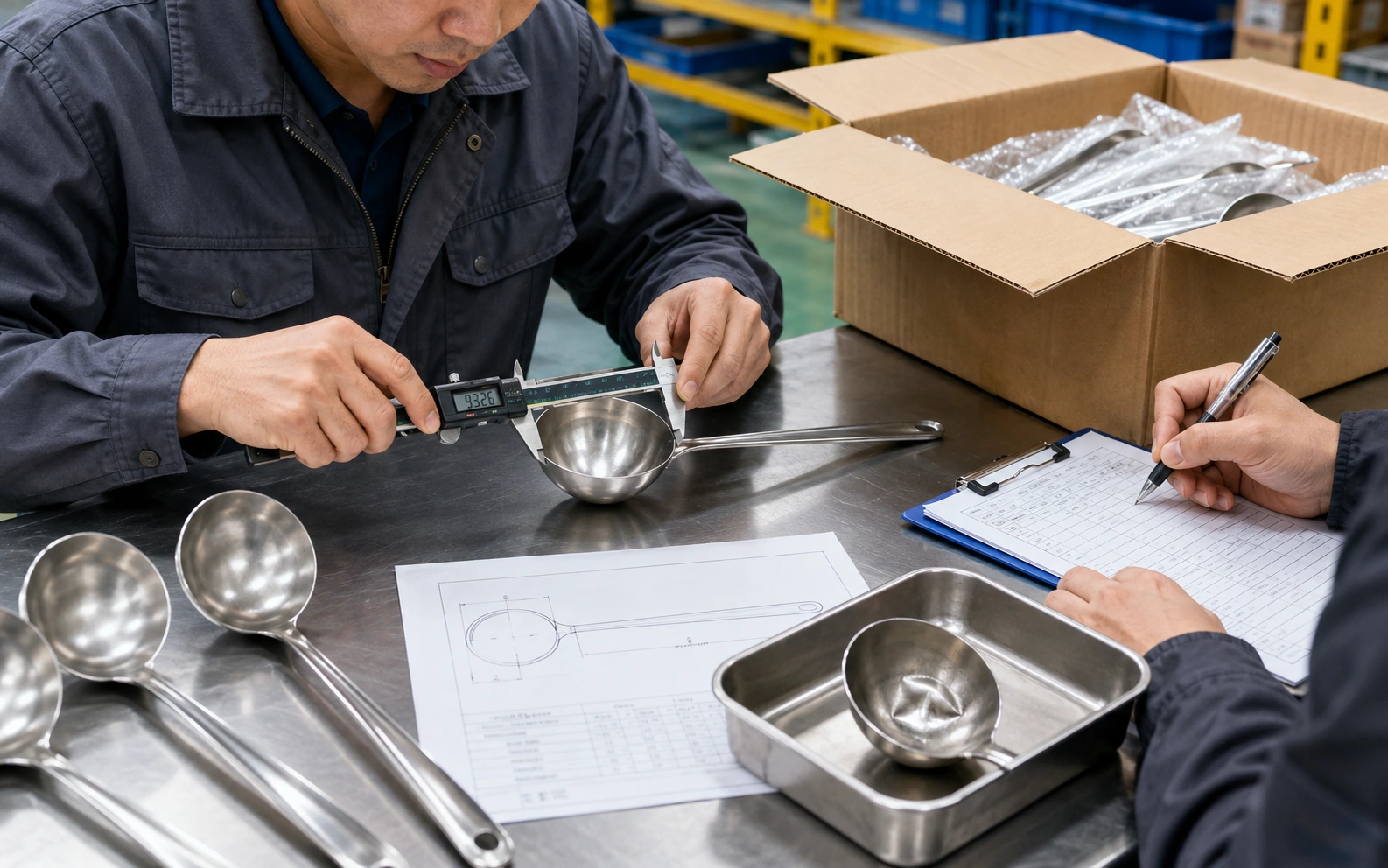 Inspector checking a stainless steel utensil sample against a measurement sheet before shipment.