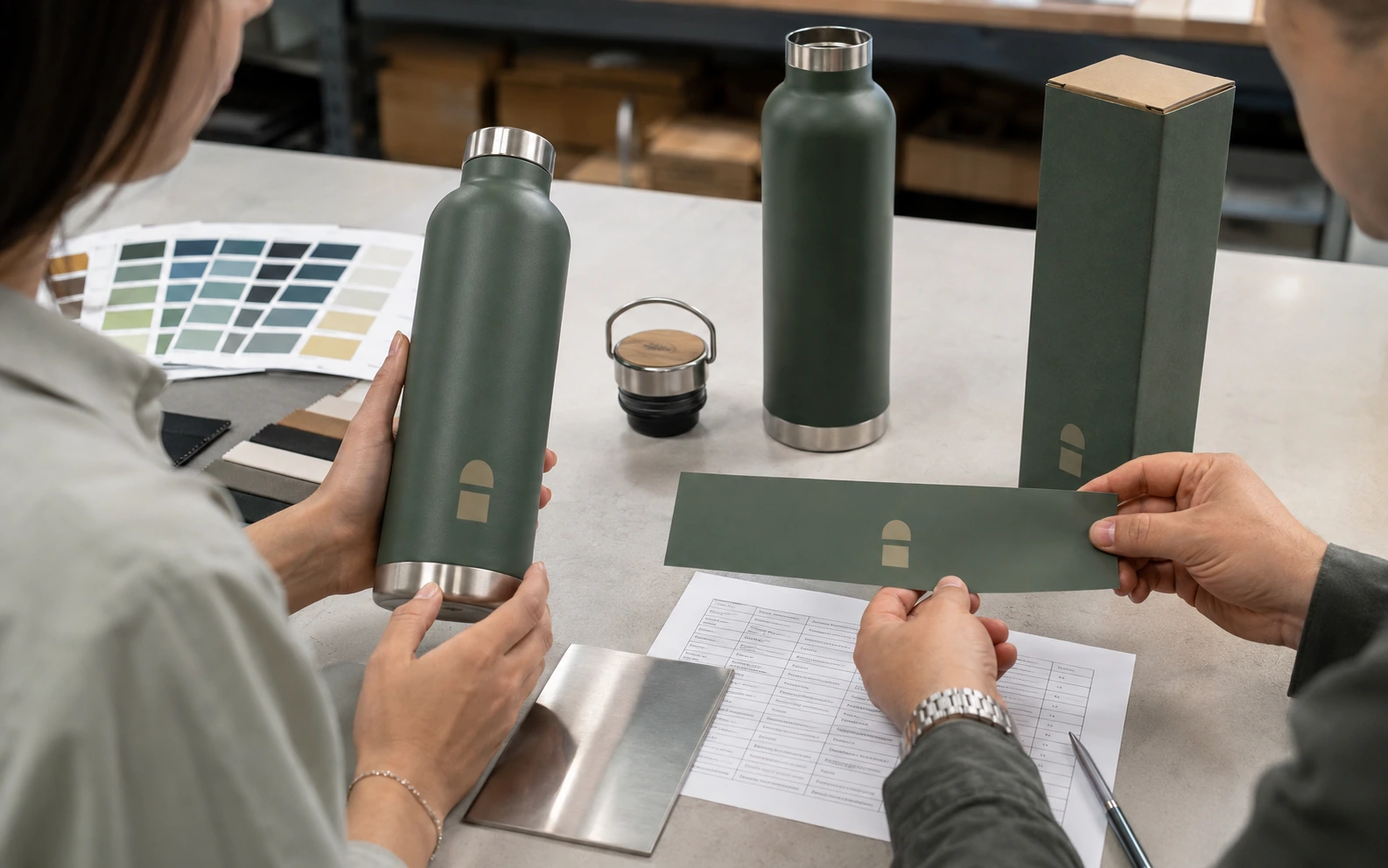 Buyer reviewing a private-label insulated bottle, label material and packaging before approval.