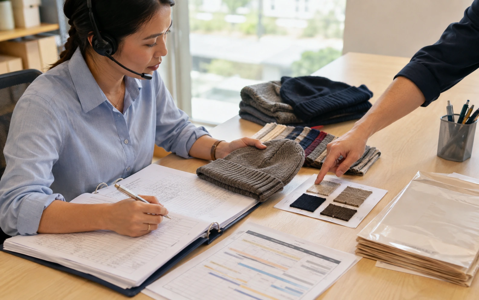 Coordinator reconciling an approved textile sample with order records and delivery milestones.