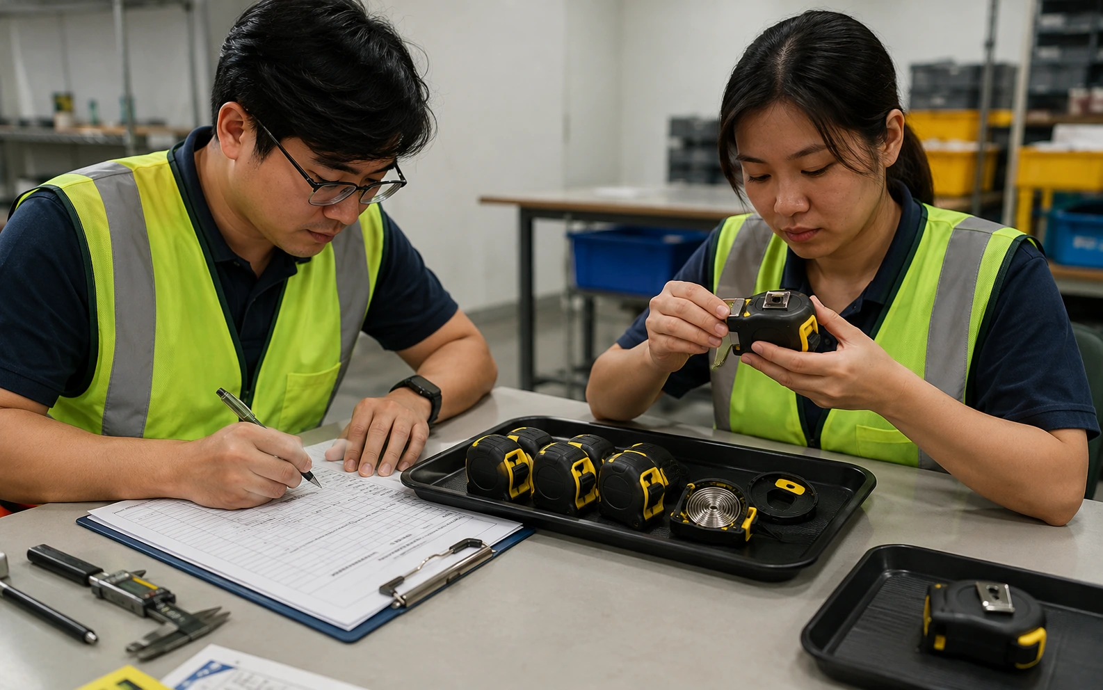 Quality coordinator comparing an approved measuring-tape sample and current batch against a written check plan.