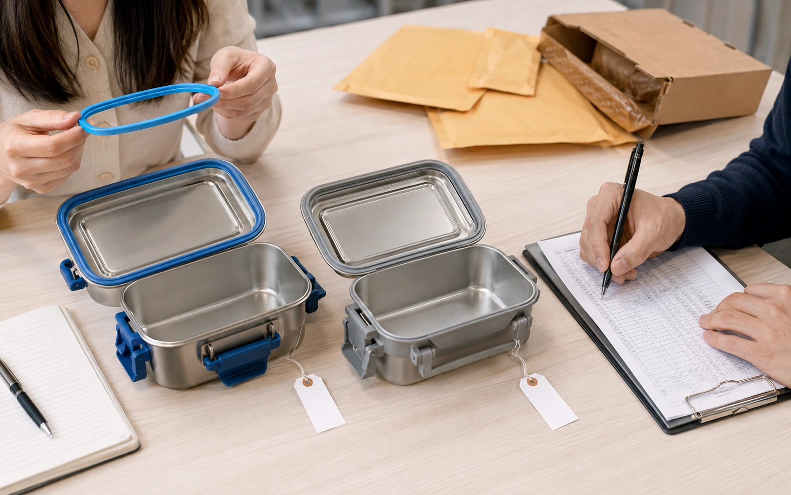 Buyer comparing two lunch-container sample revisions and documenting the chosen seal and latch.