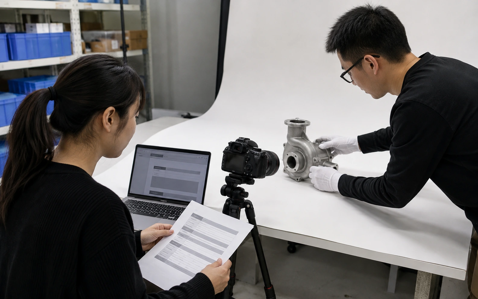 Marketing coordinator and photographer preparing an industrial product presentation for an overseas-facing supplier website.