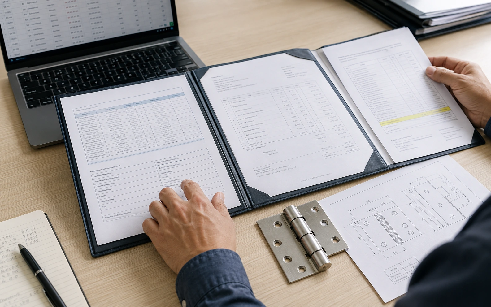 Reviewer comparing a supplier record, quotation and payment-detail sheet before a commercial commitment.