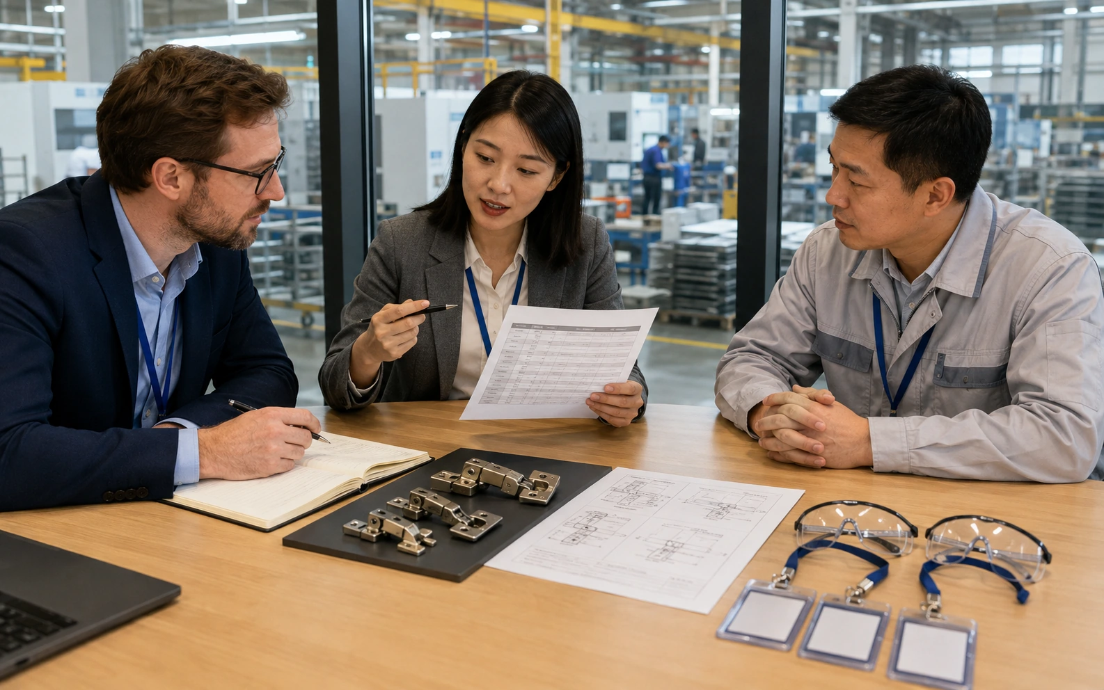 Interpreter and visiting buyer reviewing a factory visit agenda with a supplier before entering the production area.