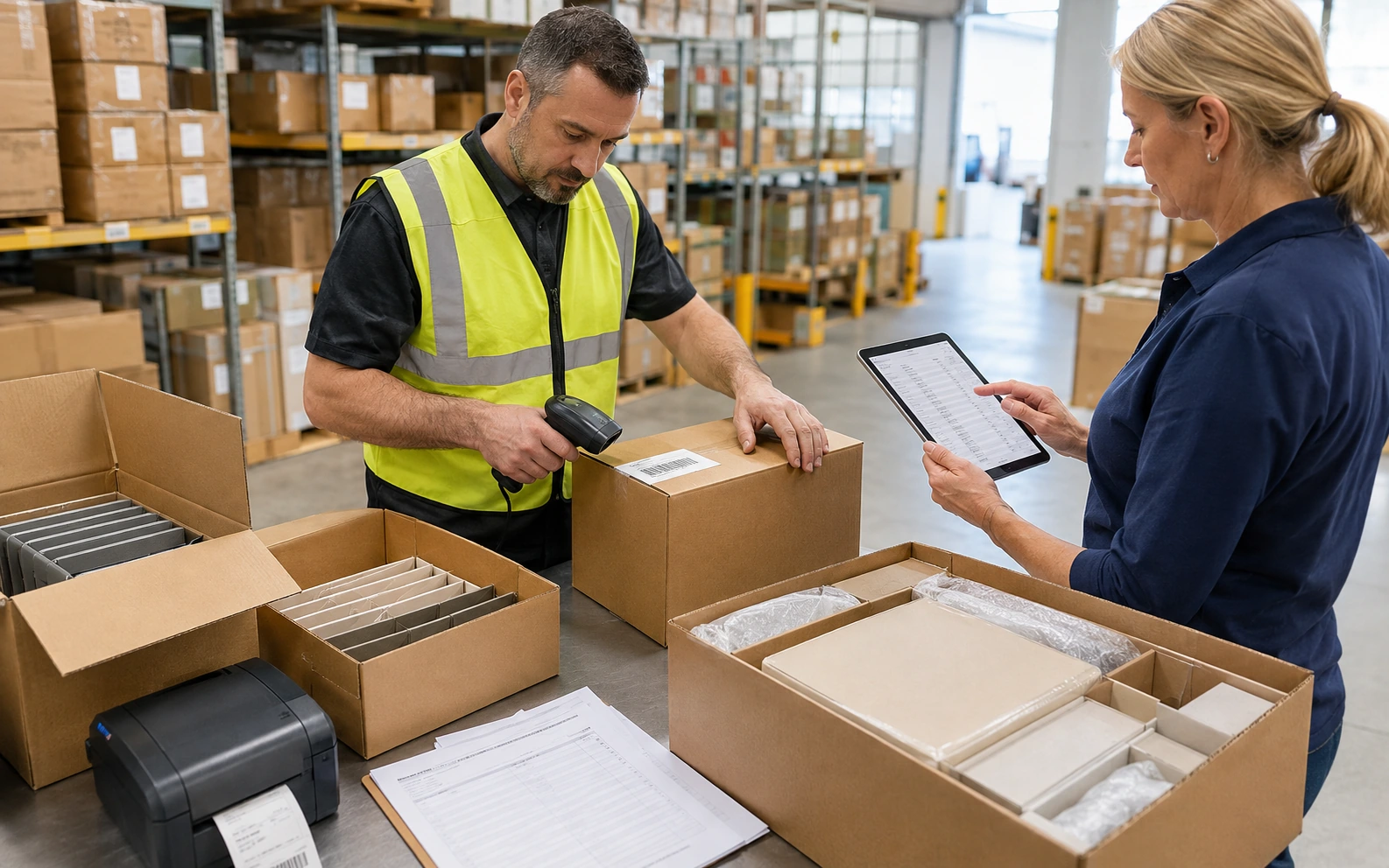 Warehouse partner scanning labeled cartons and reconciling a consolidated shipment manifest.