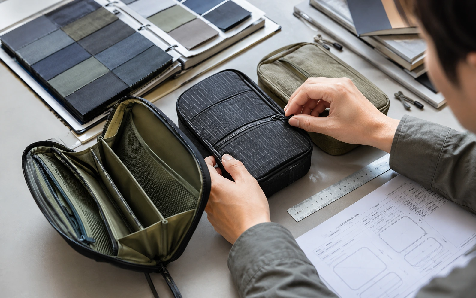 Sourcing specialist comparing travel organizer samples, textile swatches and a product requirement sheet.
