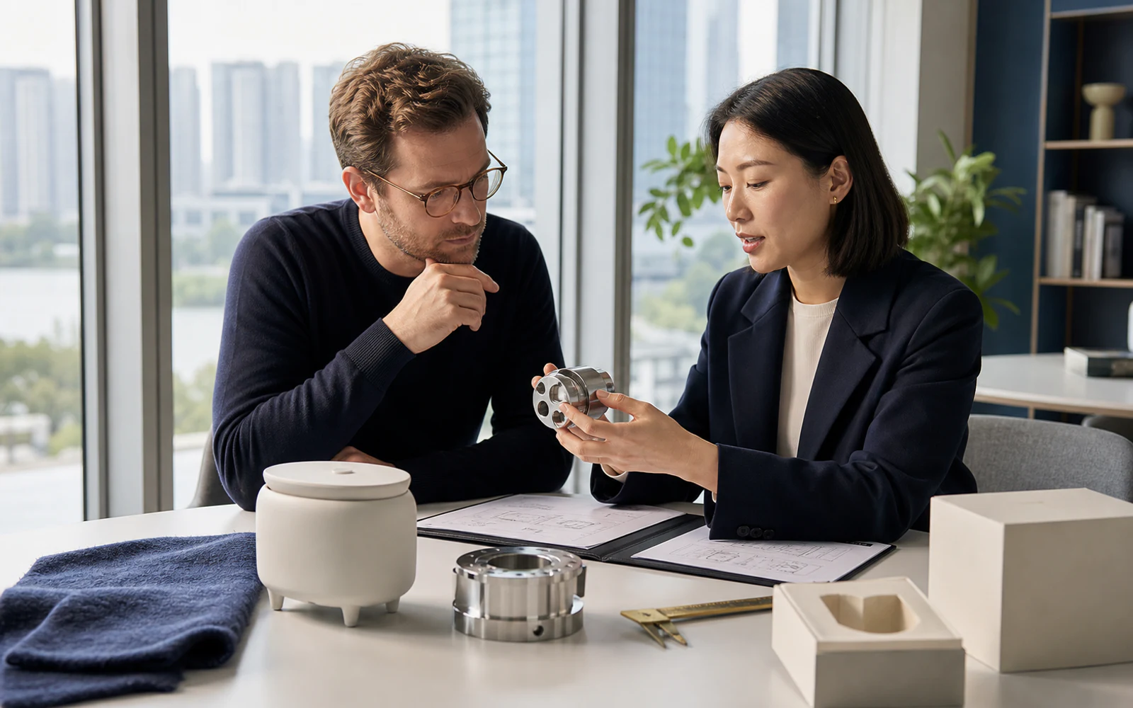Buyer and China sourcing specialist reviewing varied legal product samples, specifications, packaging, and measurements at one inspection table