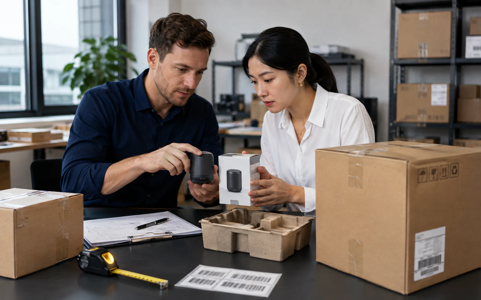 Amazon seller checking a product, protective insert, barcode area, carton, and package dimensions for fulfillment preparation