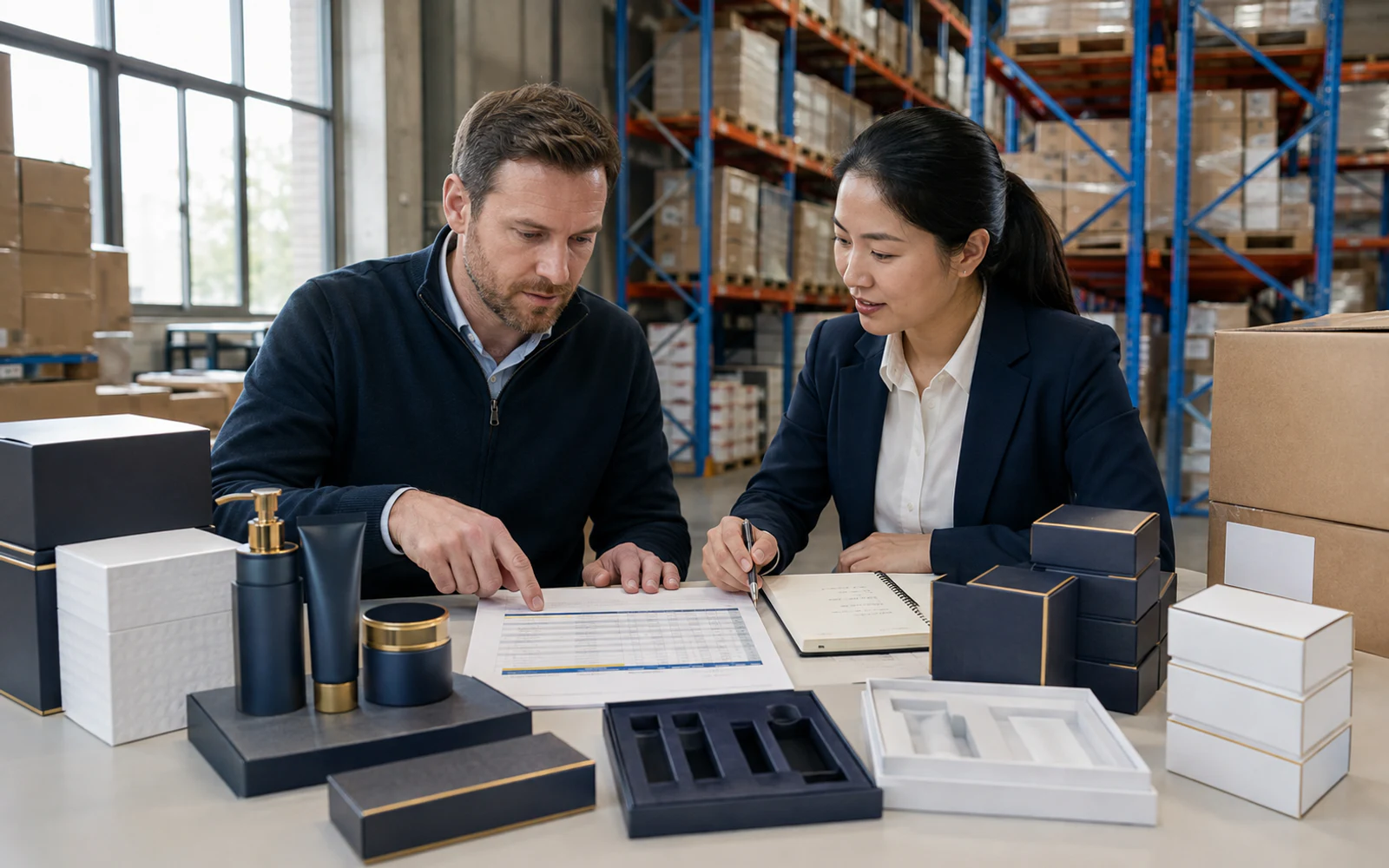 Distributor and sourcing specialist reviewing a coordinated wholesale assortment, case packs, packaging variants, and repeat-order quantities