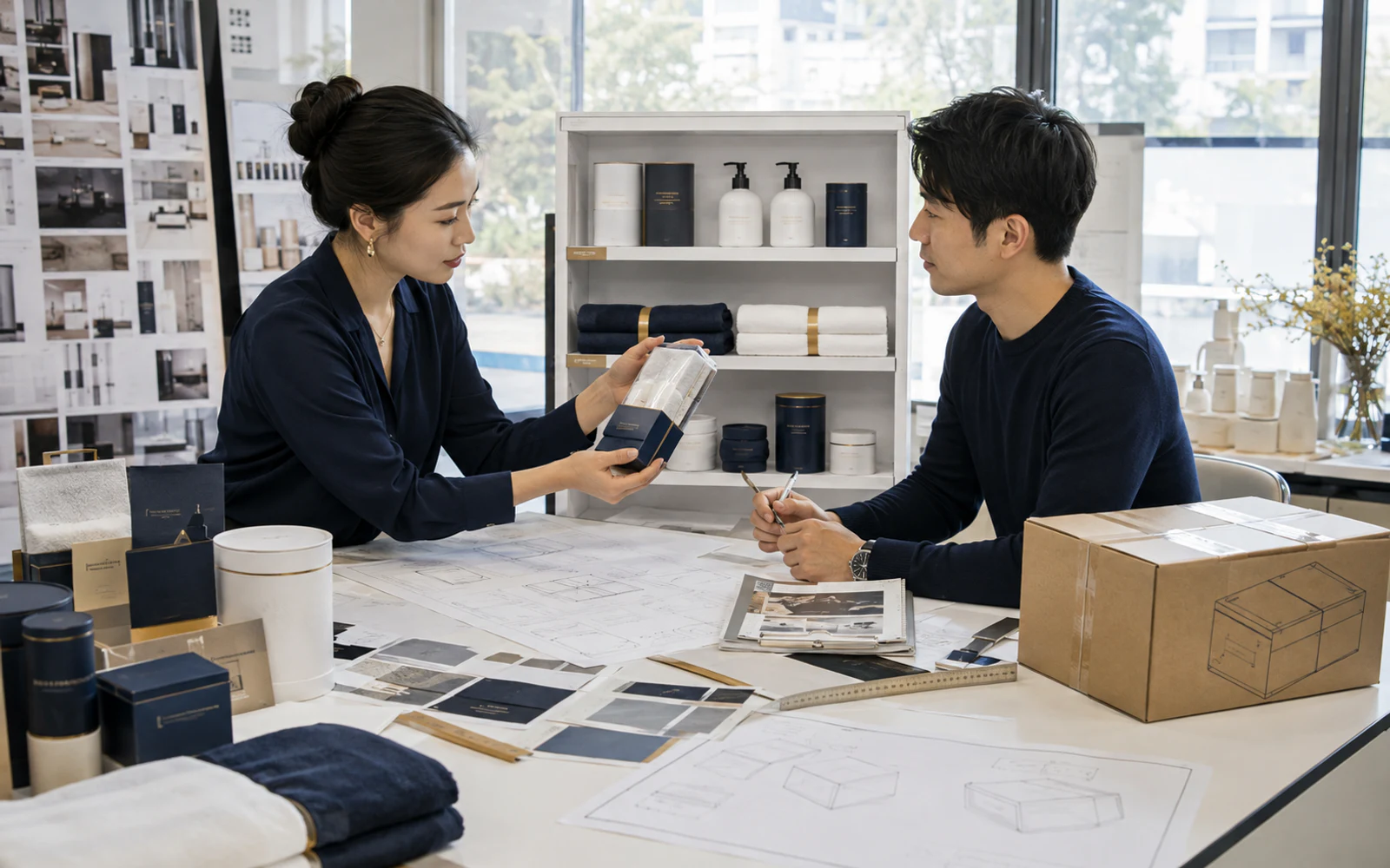 Retail buyer checking a packaged product against shelf fit, carton dimensions, color variants, and seasonal delivery notes