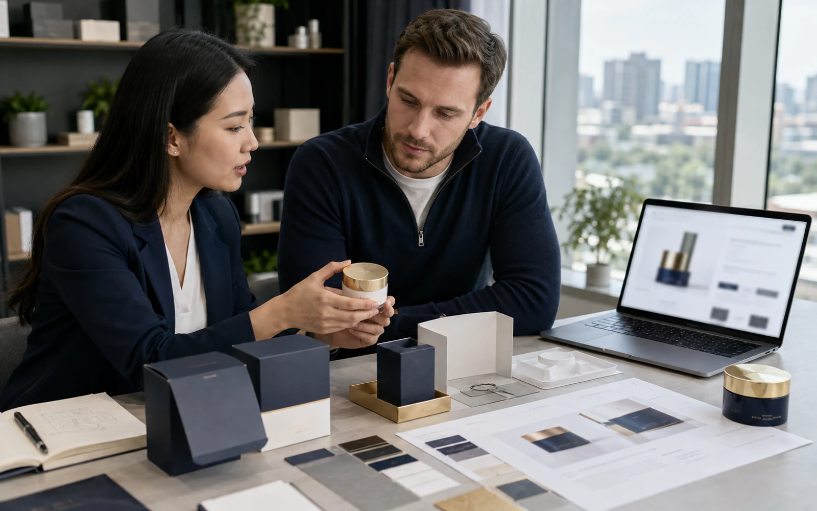 Shopify store owner and sourcing specialist reviewing a private-label product sample, plain retail box, insert, color swatches, and listing details