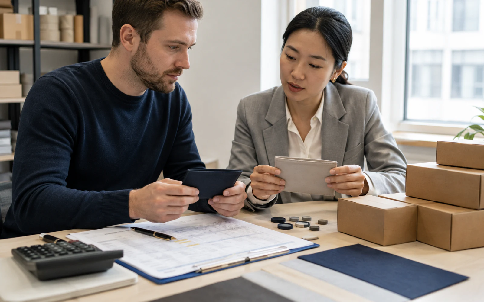 Small-business buyer comparing two samples, trial-order cartons, minimum quantity, and budget assumptions with a sourcing coordinator