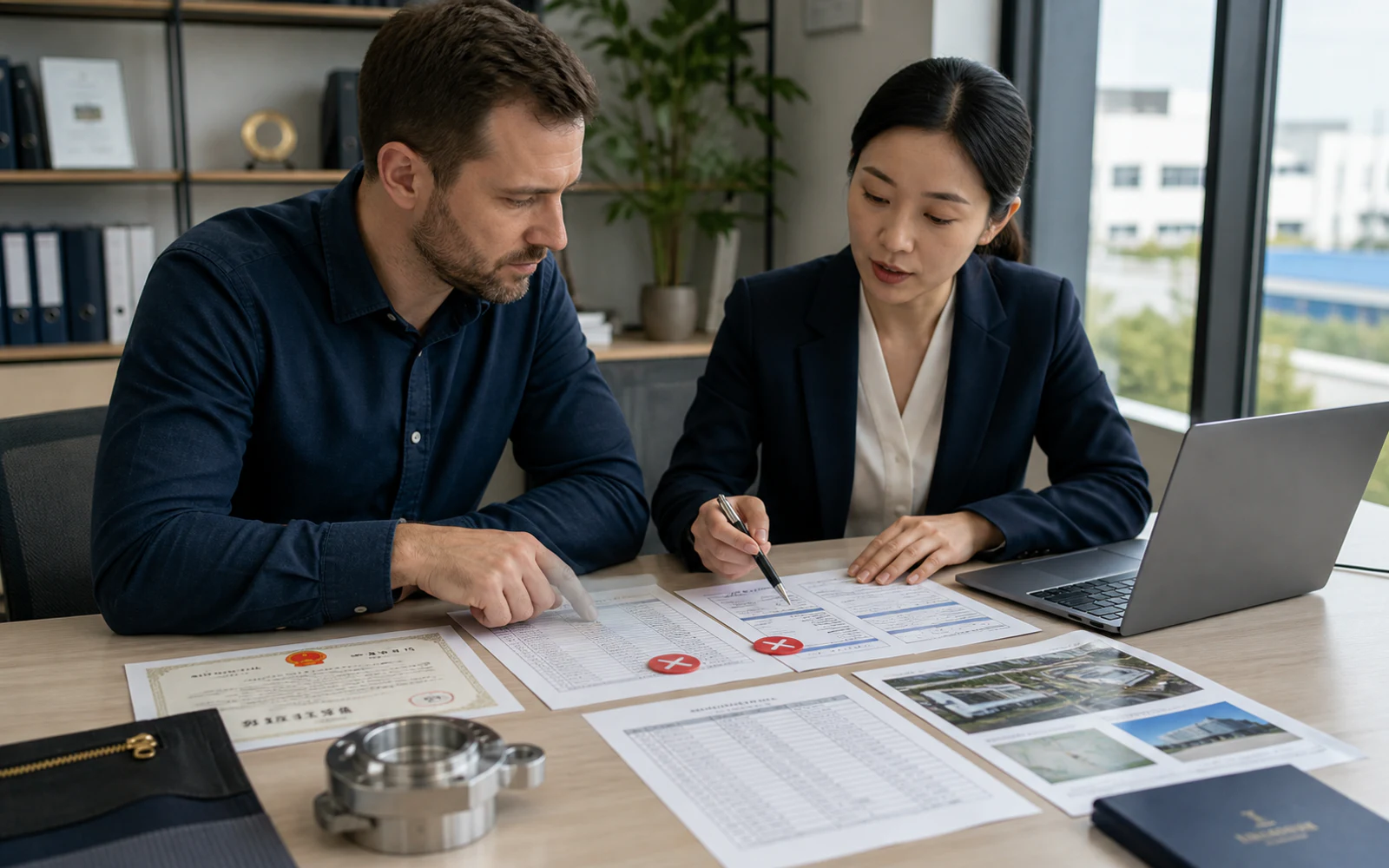 Buyer checking supplier identity records, product evidence, and payment details before an order