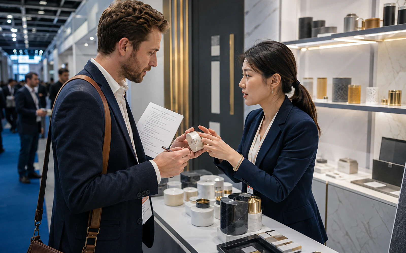 Buyer meeting suppliers and comparing products at a China trade fair