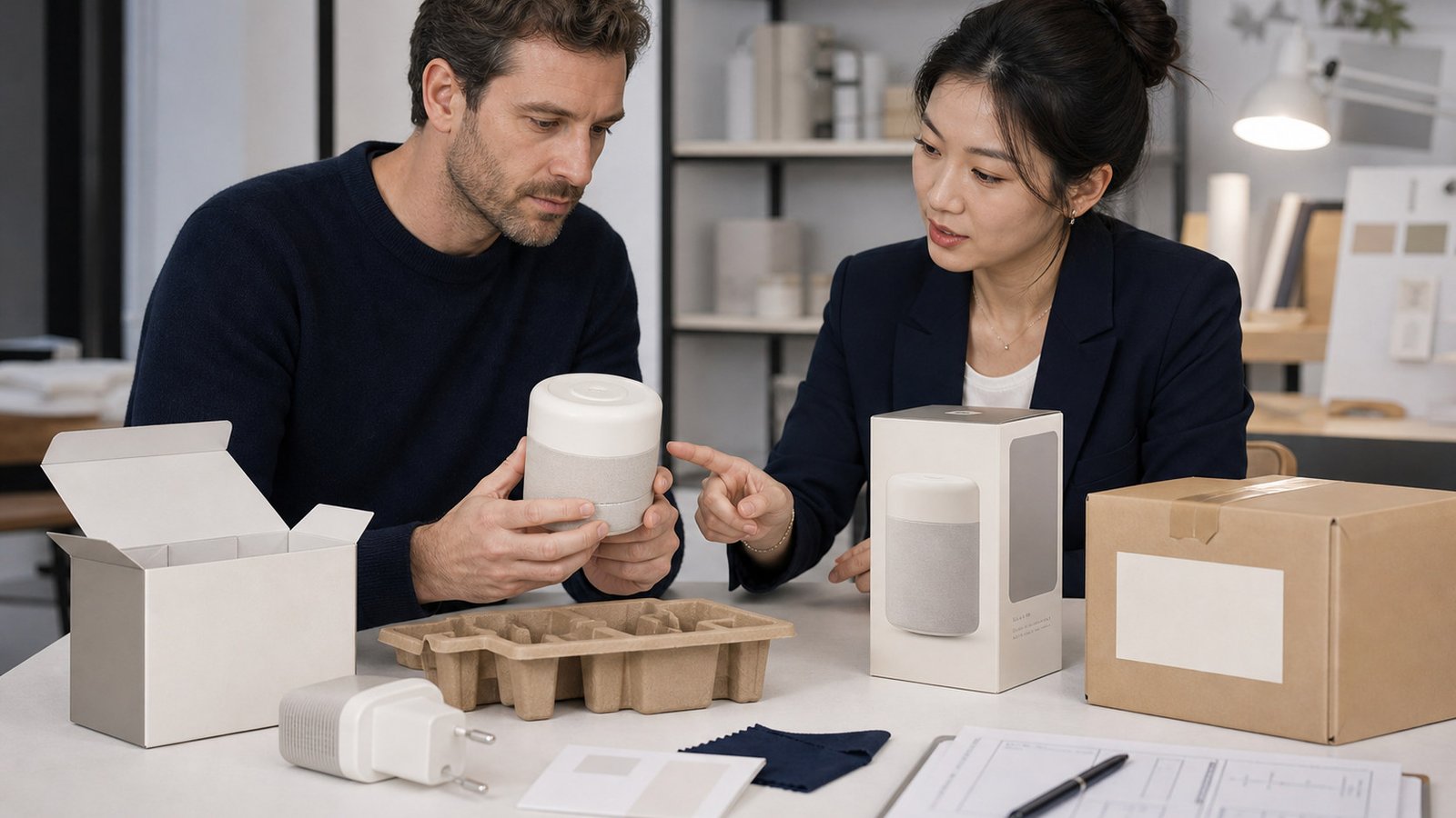 French importer comparing product samples and packaging requirements with a supplier